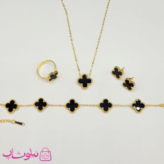 سرویس زنانه طرح ونکلیف مشکی طلایی تک گل کد 399