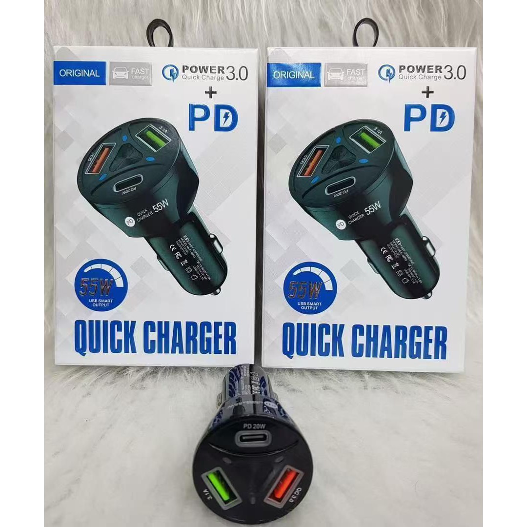 شارژر فندکی 55 وات ماشین 3 خروجی همزمان ، فست شارژ یک خروجی PD و دو خروجی USB پک دار شرکتی کیفیت بالا