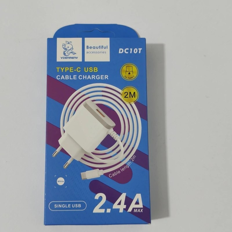 شارژر فست شارژ 2.4 آمپر واقعی دنمن vdenmen کابل سرخود تایپ سی دو متری و درگاه USB مدل DC10T