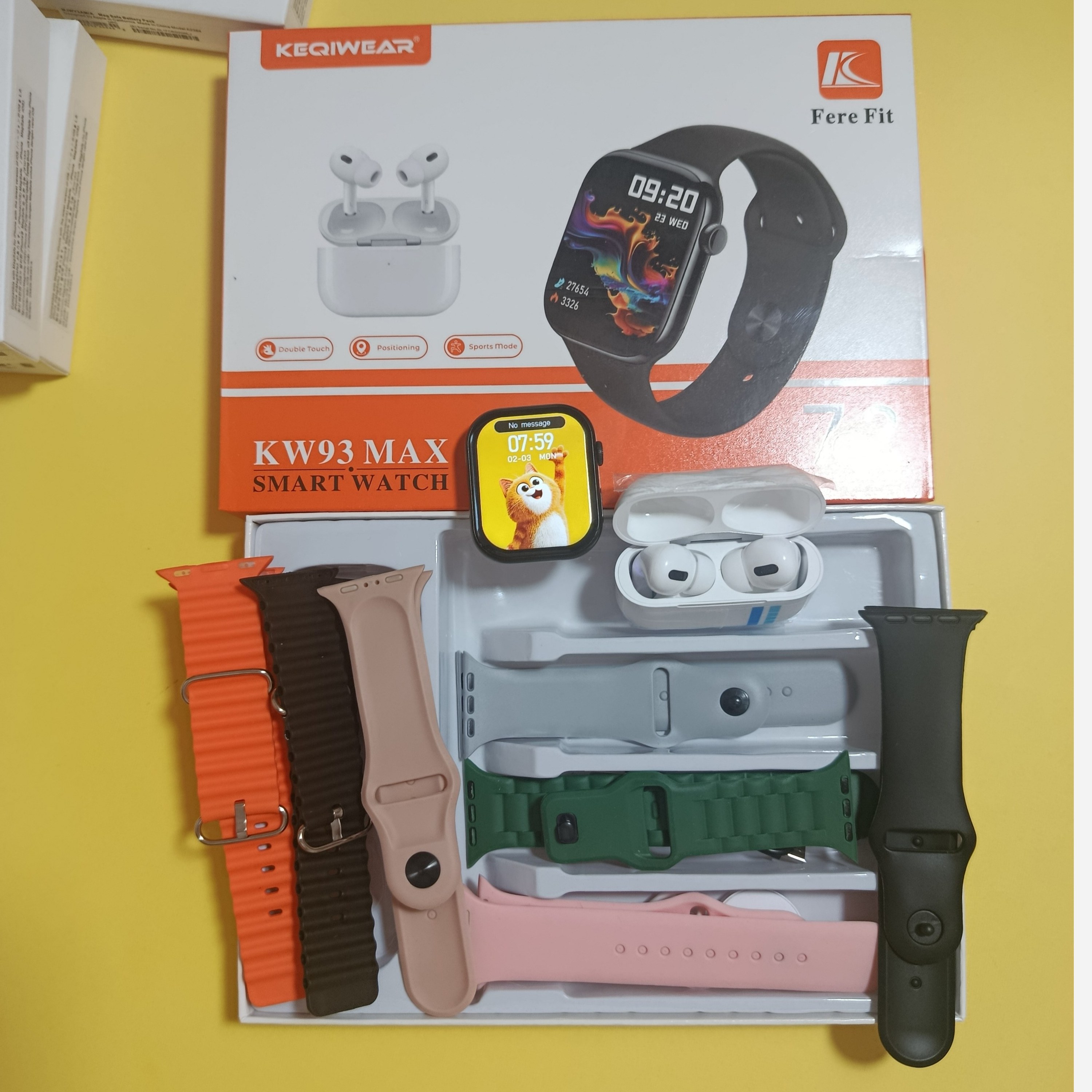 ساعت هوشمند 7 بند خوشگل + ایرپاد پرو 2 مدل KW93 MAX (ارسال فوری) برند آلمانی تم متحرک صفحه نمایش خم و AMOLED