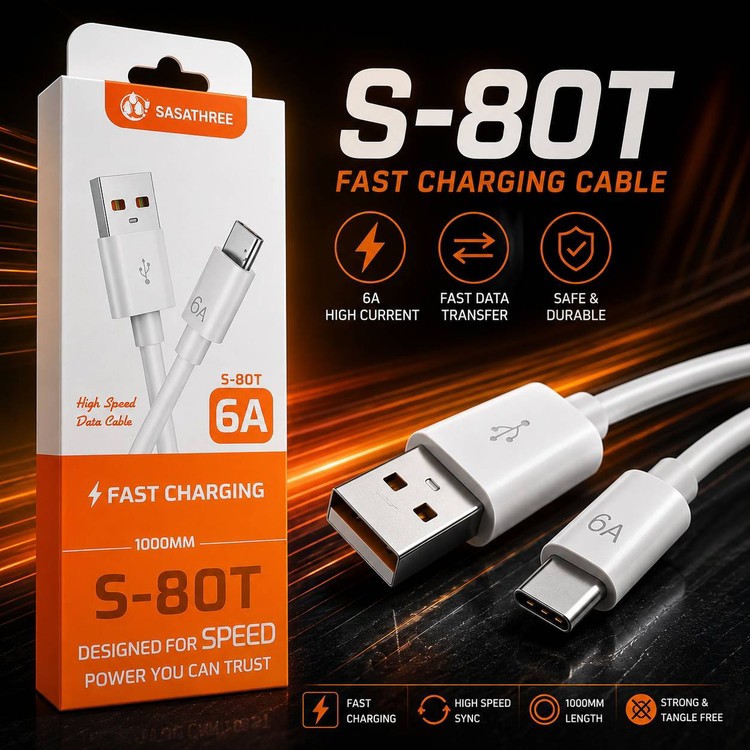 کابل شارژ تایپ سی SASATHREE مدل S80T پرفروش باحداقل سود ایکس