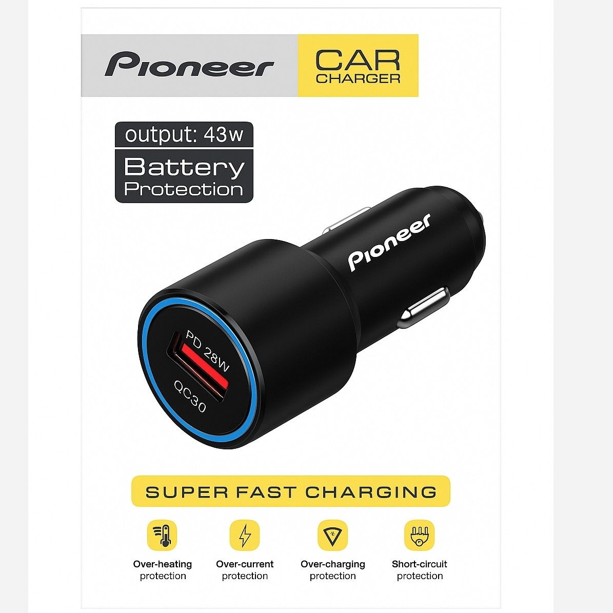 شارژر فندکی 43 وات Pioneer پایونیر دو خروجی پرفروش باحداقل سود ارسال رایگان ایکس