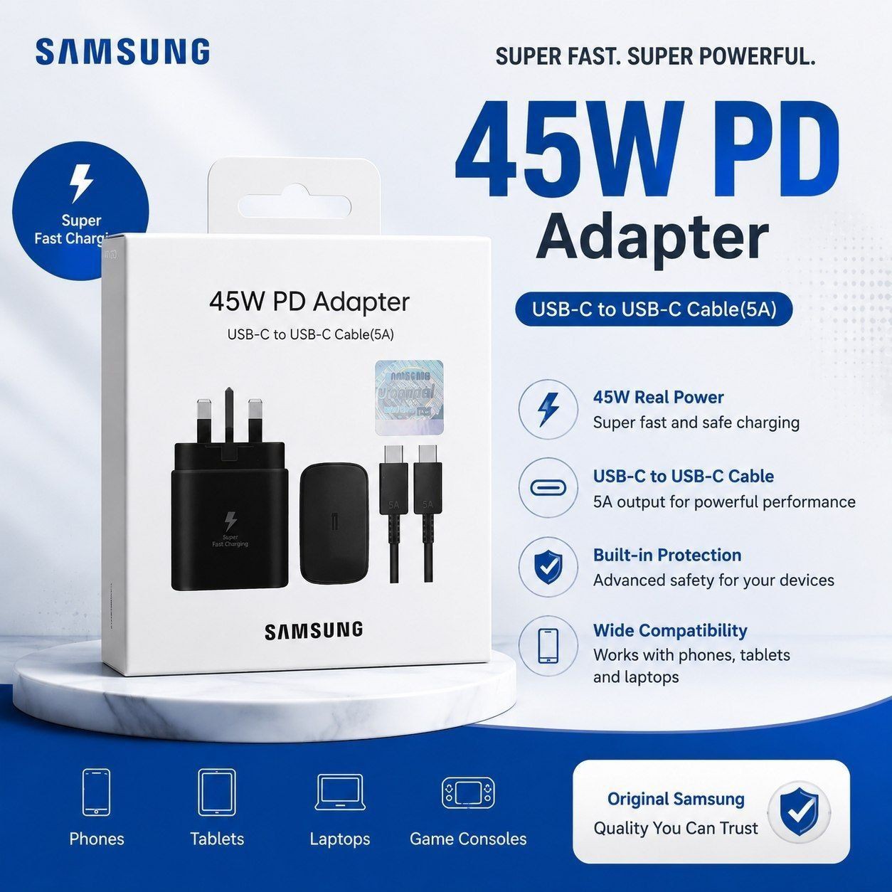 شارژر 45 وات با کابل اصلی سامسونگ در 2 مدل ویتنام و چین