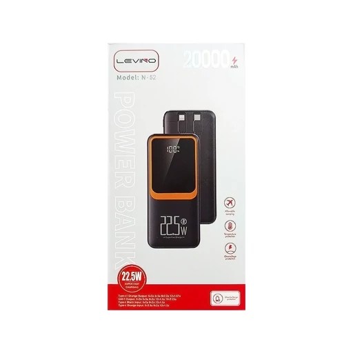پاور بانک فست شارژ Levino N-52 کابل سر خود 22.5 وات