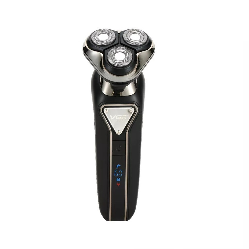 ماشین اصلاح موی صورت وی جی ار مدل V-323 با تیغه استیل پیشرفته، نحوه اصلاح چرخشی، ضدآب، باتری با مدت‌زمان استفاده 60 دقیقه، اندازه اصلاح 0.01 میلی‌متر، همراه برس تمیزکننده و کابل شارژ USB