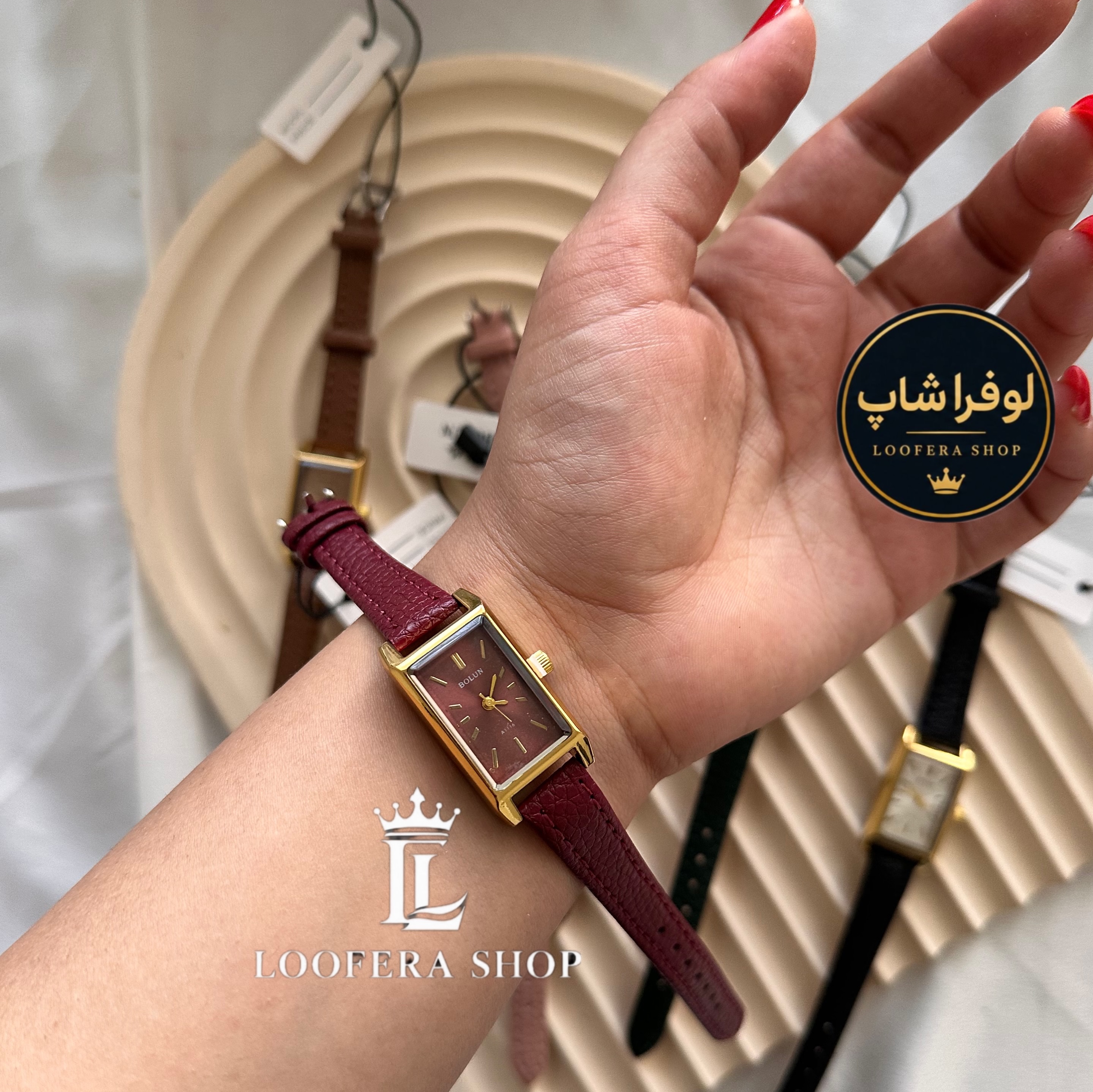 ساعت بولون بند چرم زنانه زرشکی