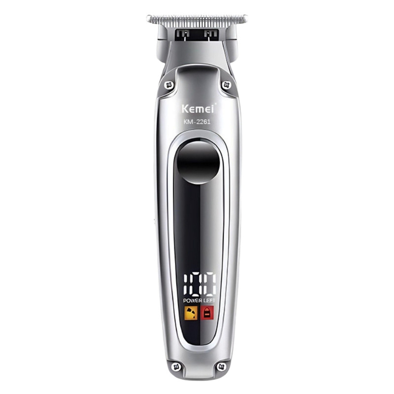 ماشین اصلاح موی سر و صورت کیمی مدل KM-2261 با تیغه استیل ضدزنگ، موتور 6600 دور در دقیقه، باتری لیتیوم یون، شارژ سریع USB Type-C، نمایشگر دیجیتال LCD، چهار عدد شانه قابل‌تنظیم، همراه با روغن و برس تمیزکننده
