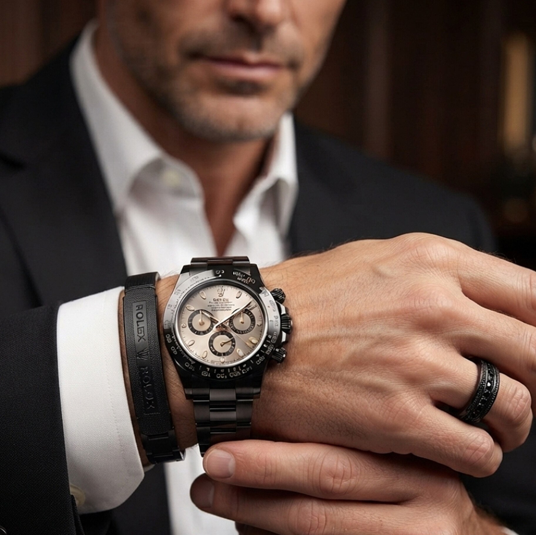 ست ساعت کامل مردانه مشکی مارک رولکس Rolex بهمراه دستبند چرم و حلقه رولکسی ارسال رایگان