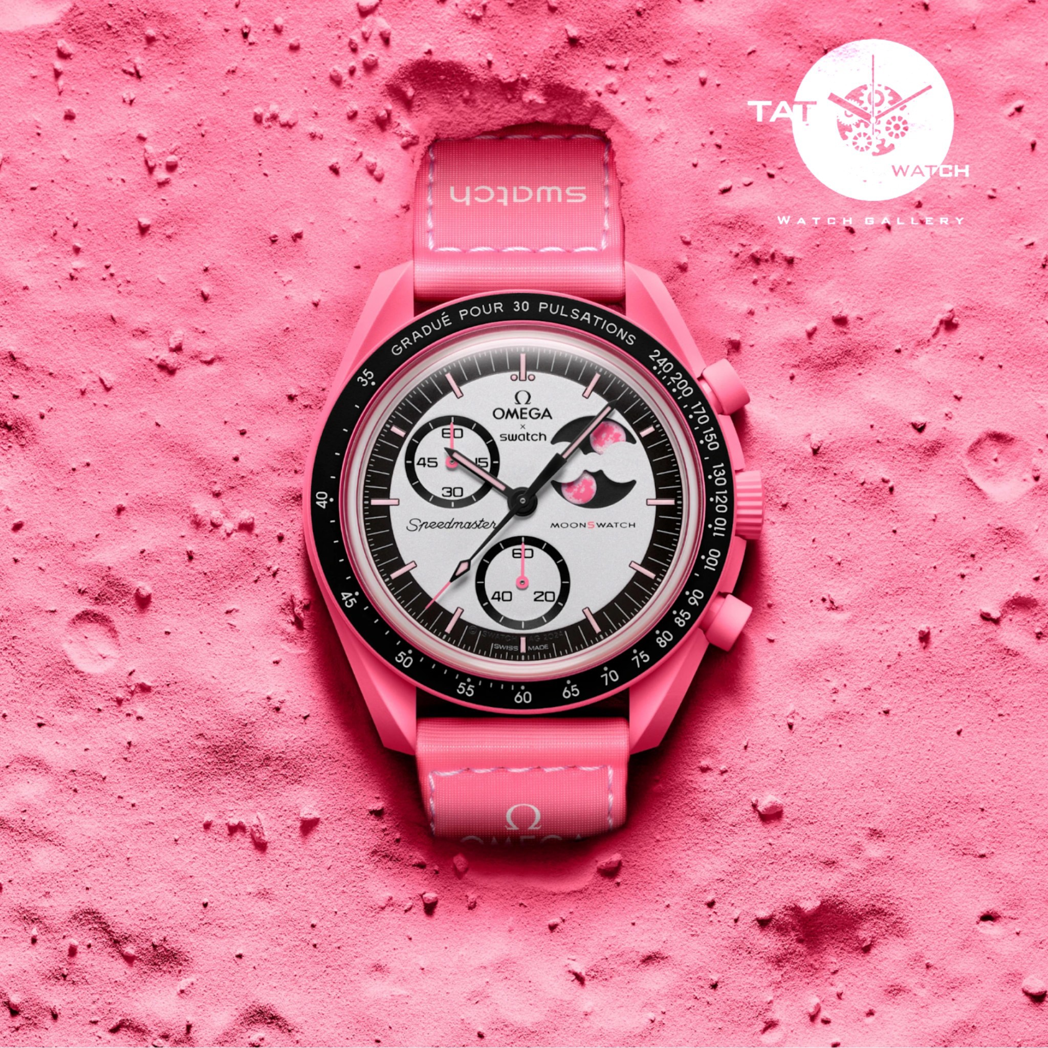ساعت امگا سواچ مردانه زنانه ماه صورتی باربی Pink Moon سه موتوره کرنو باگارانتی در رنگبندی omega swatch ساعت مچی