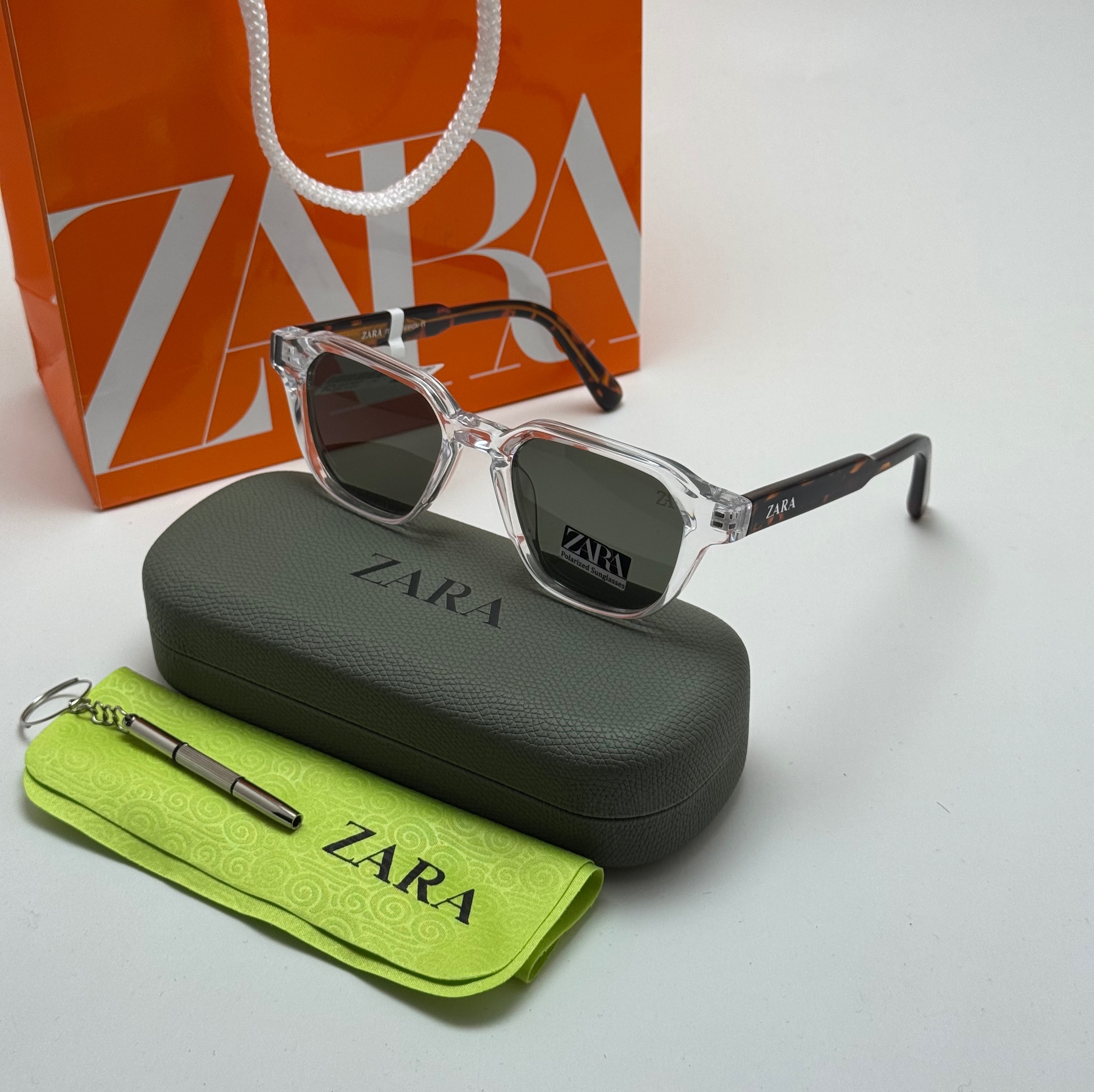 عینک آفتابی پلاریزه زارا ZARA دسته سیم فول پک کریستال سبز دسته هاوانا - لولا دوبل - کد رفرنس ZA 6236 P